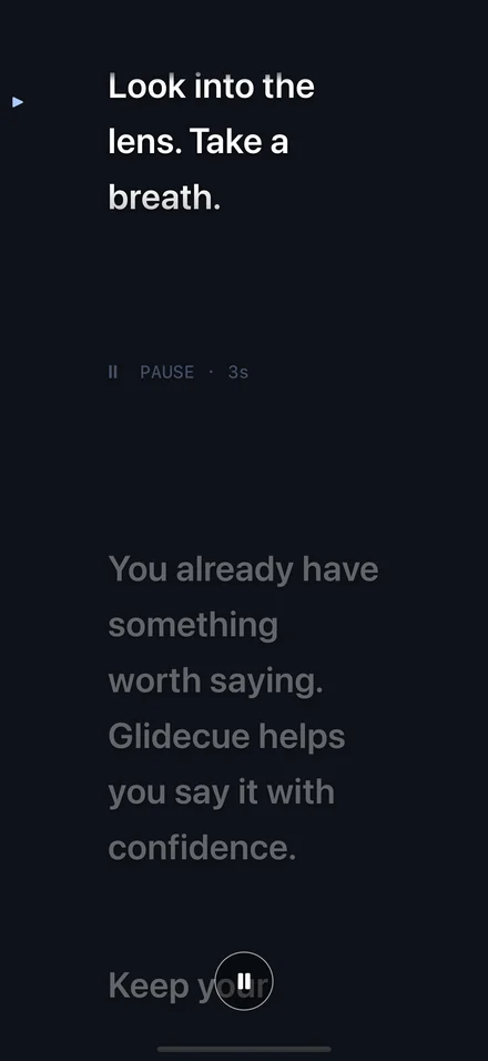 Glidecue in camera-off rehearsal, with bright reading lines placed near the lens